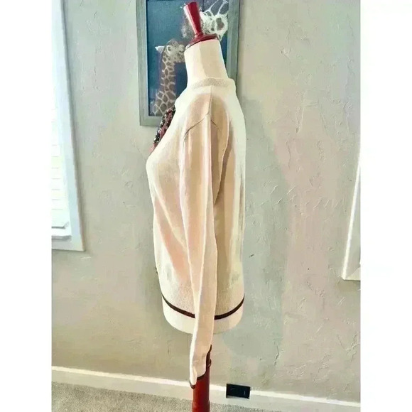 Euro Style Soft Cream Cardigan Button Up With Scarf Tie Brown Trim Size S - Picture 3 of 7